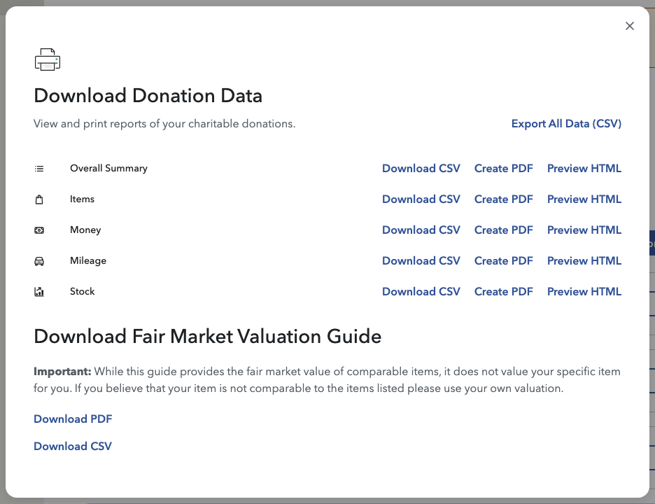 Download CSV options in modal