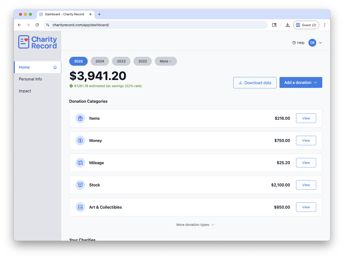 Charity Record dashboard showing donation totals and categories