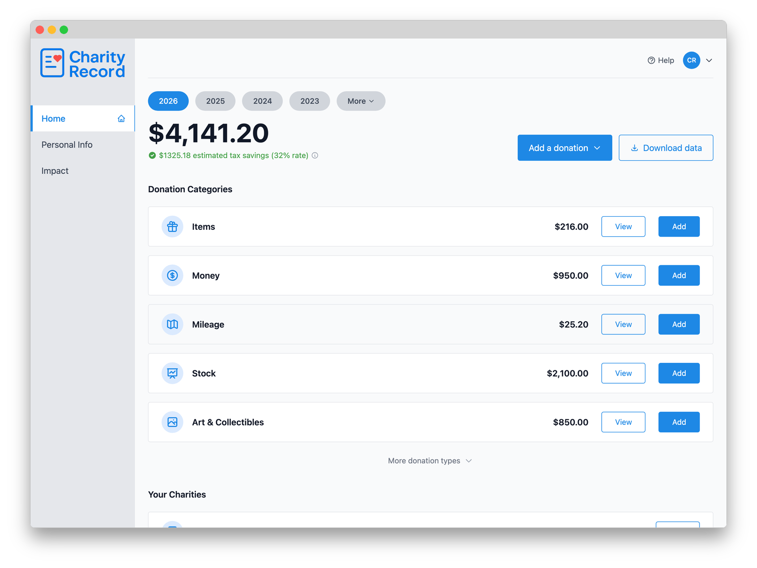 Charity Record dashboard showing donation totals and categories
