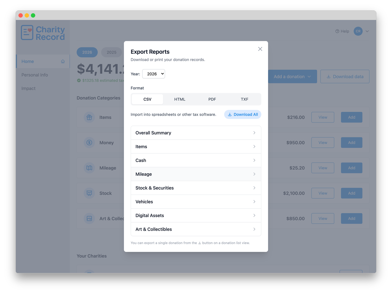 Export modal showing download options