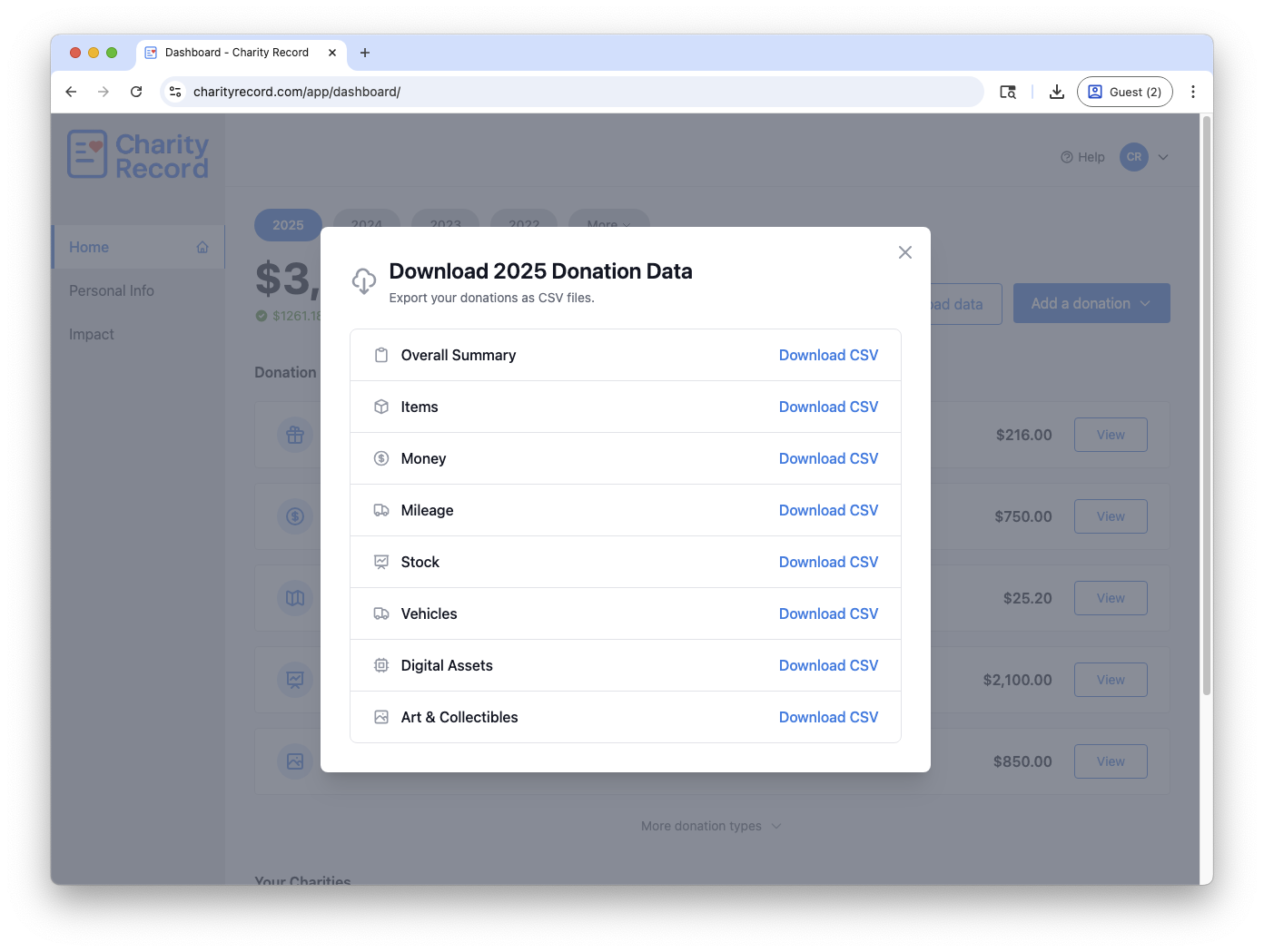 Export screen with multiple format options