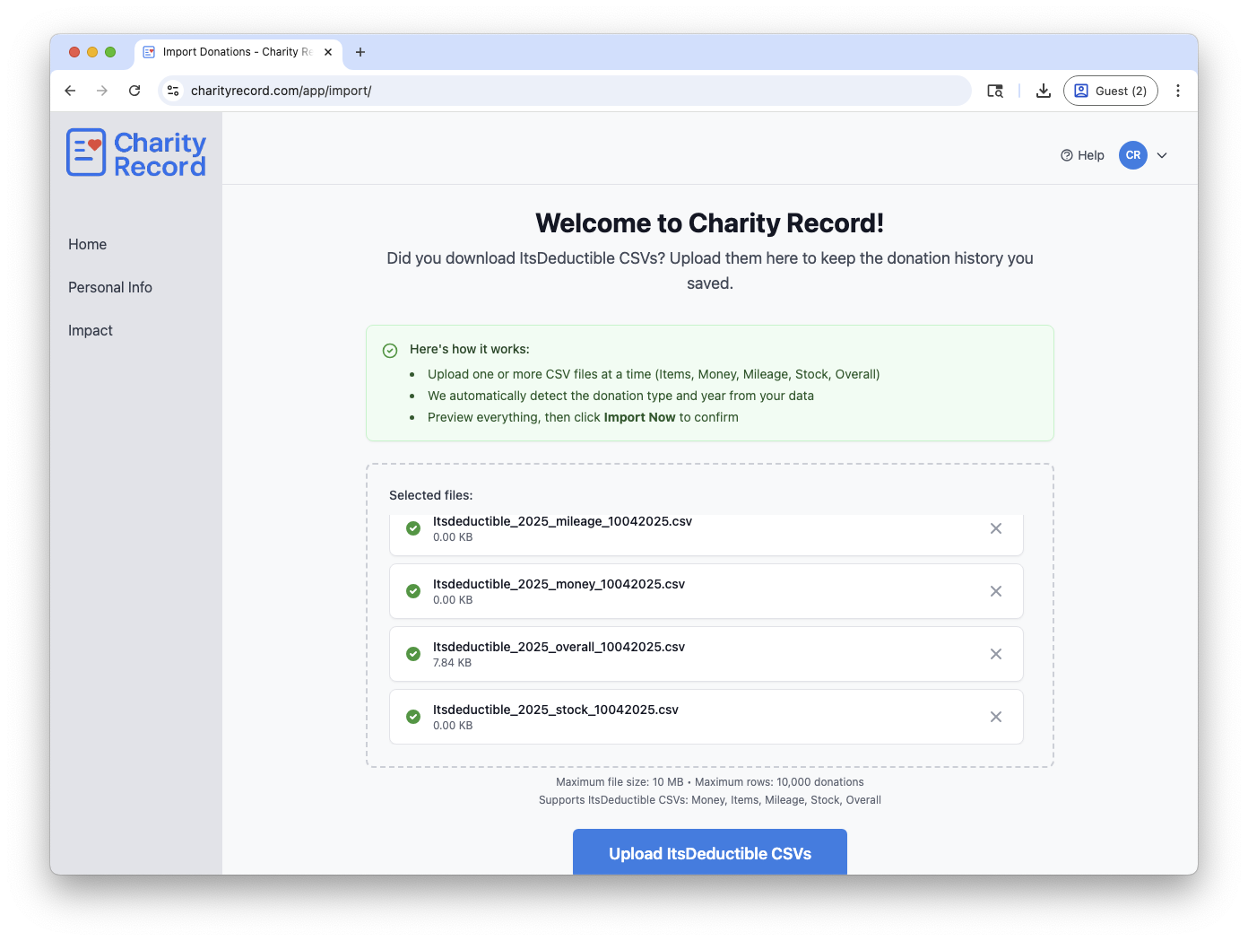Import CSV files from ItsDeductible or other sources