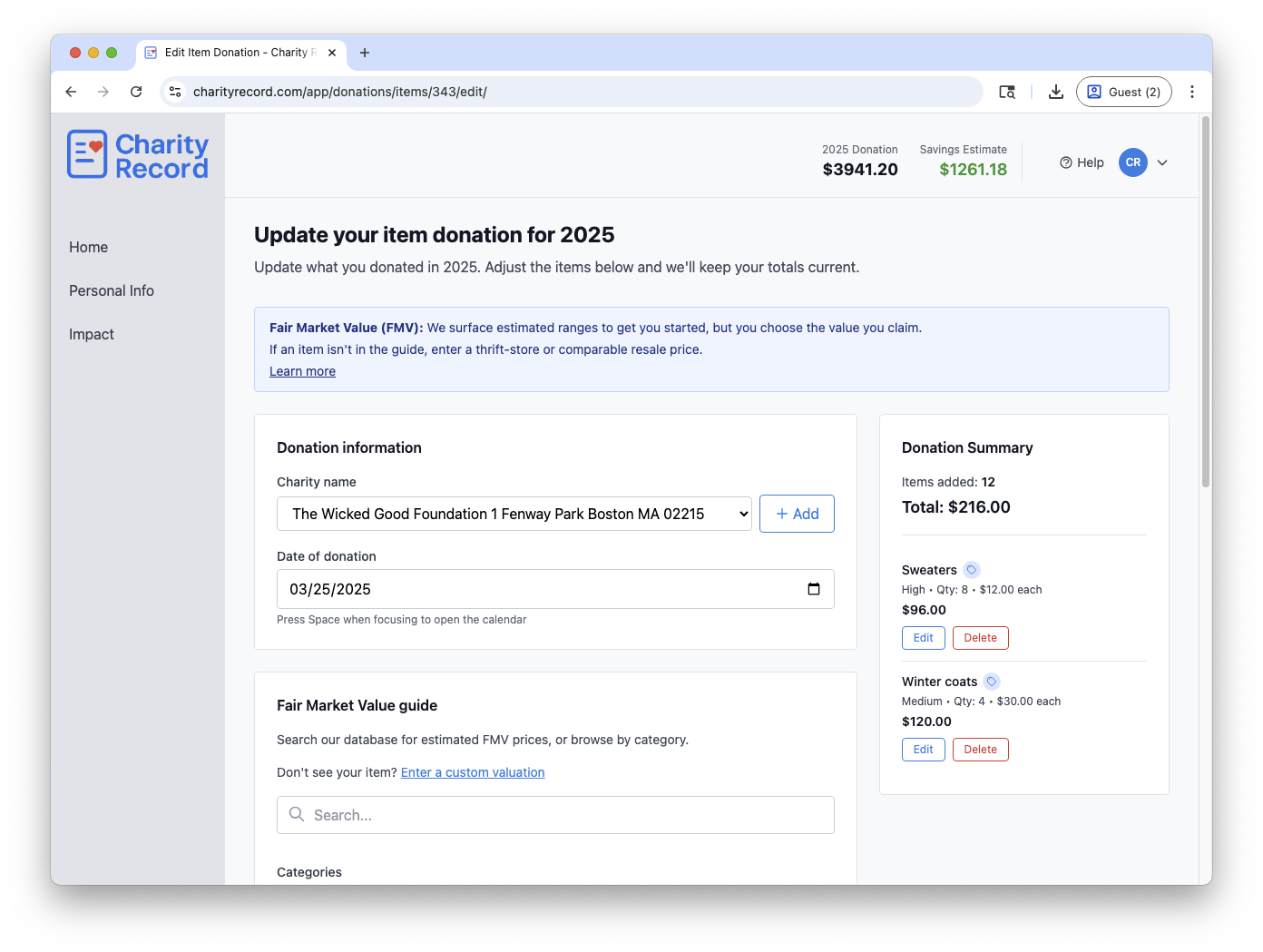 Item donation form with FMV suggestions