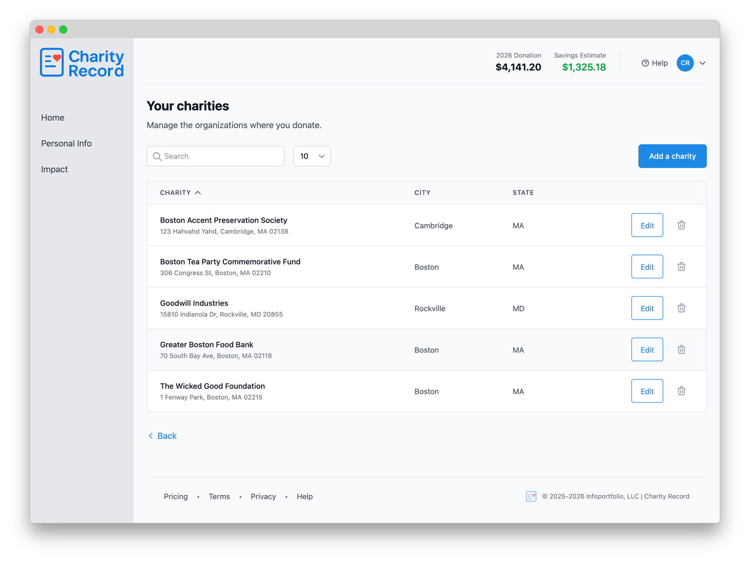 Organize your charities with address, EIN, and donation history